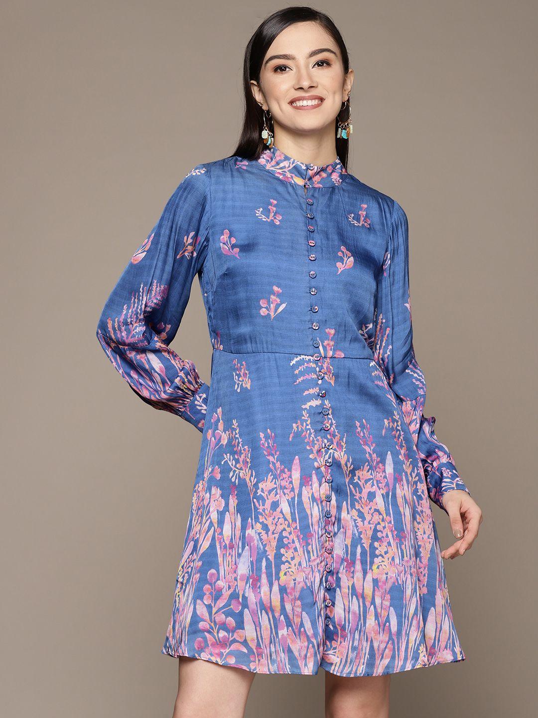 ritu kumar blue & pink floral print shirt dress