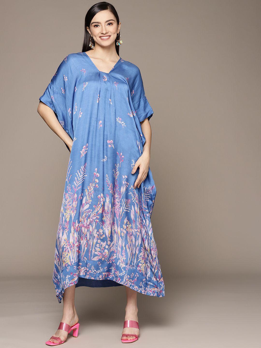 ritu kumar blue & white floral print kaftan maxi dress