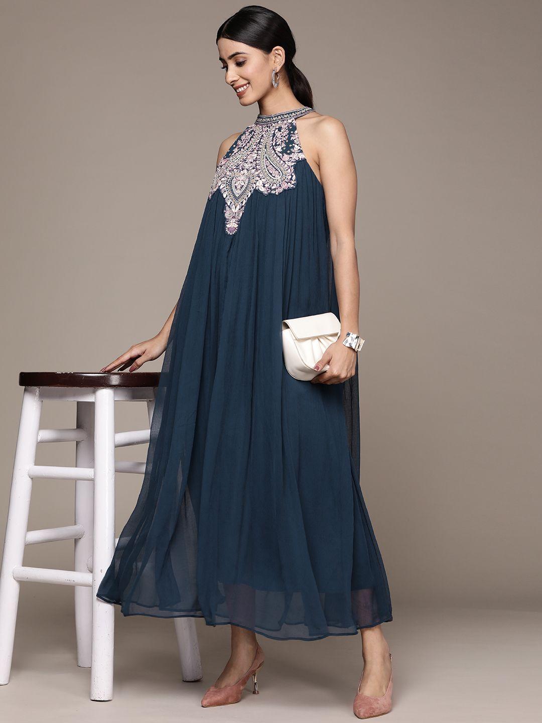 ritu kumar blue floral embroidered halter neck maxi dress