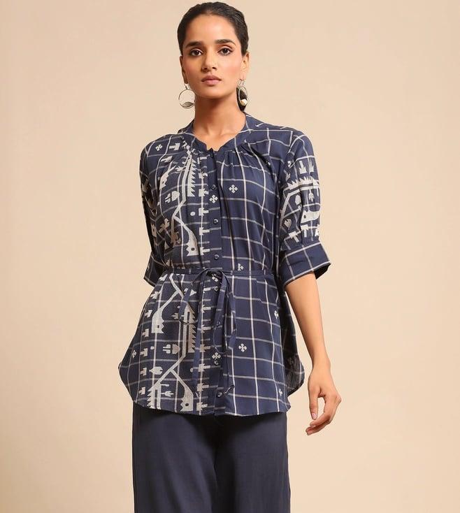 ritu kumar blue jamdani check shirt