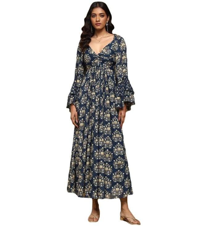 ritu kumar blue venice block print long dress