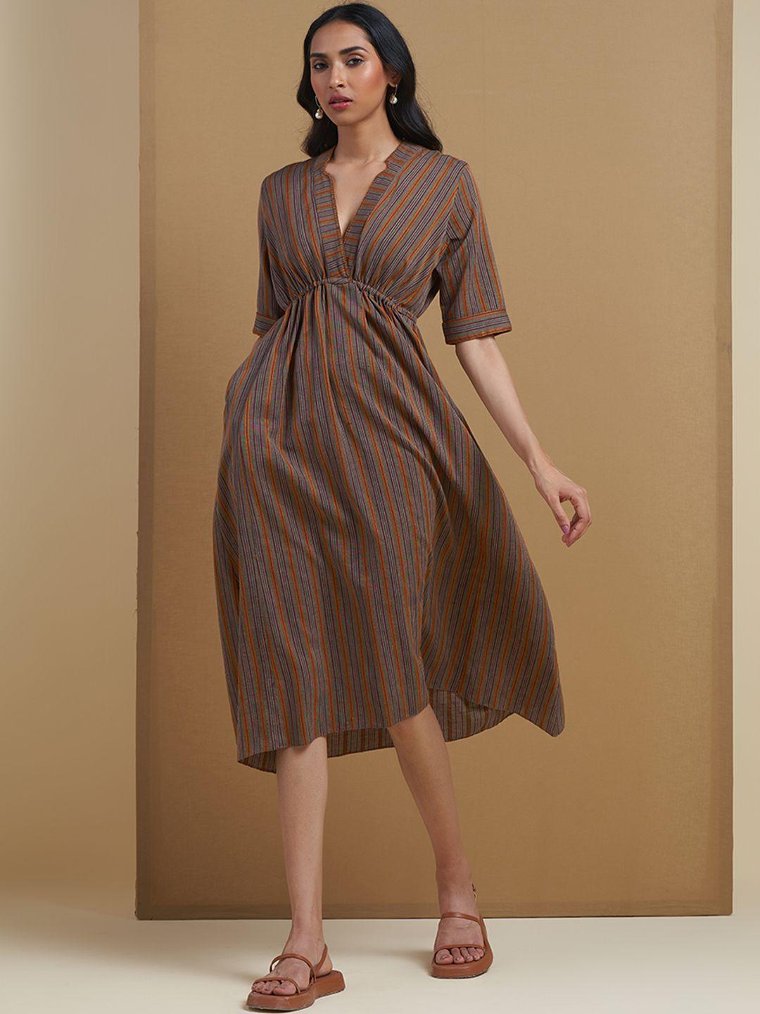 ritu kumar brown & grey striped a-line midi dress