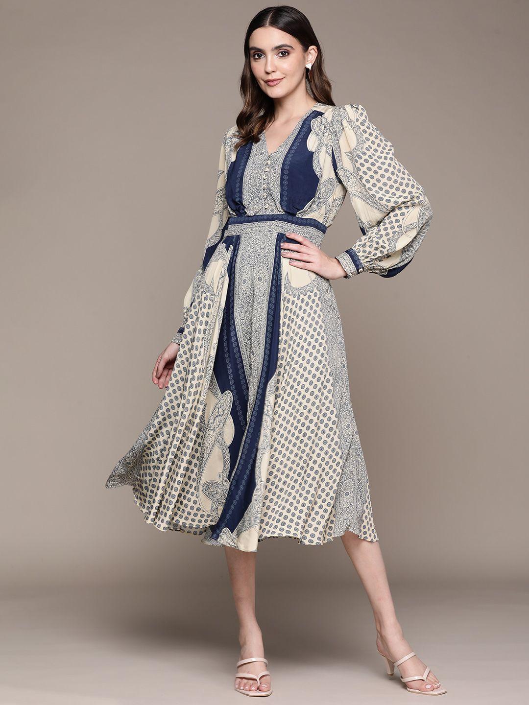 ritu kumar ethnic motifs printed puff sleeves crepe midi dress