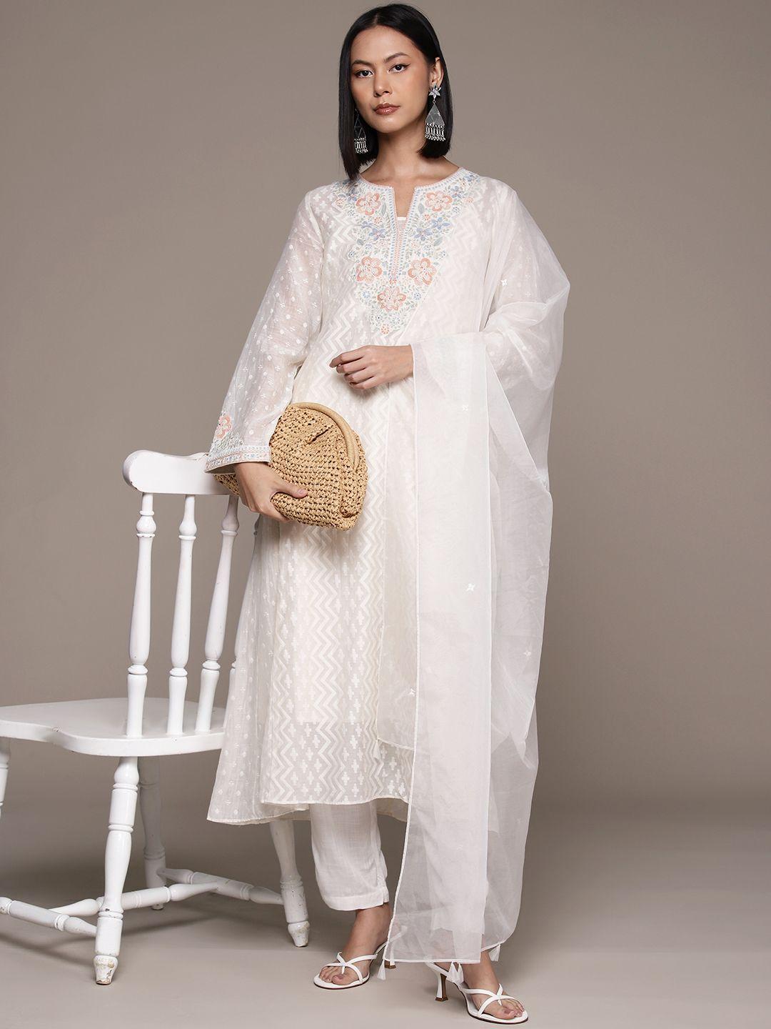 ritu kumar floral embroidered thread work kurta with palazzos & dupatta