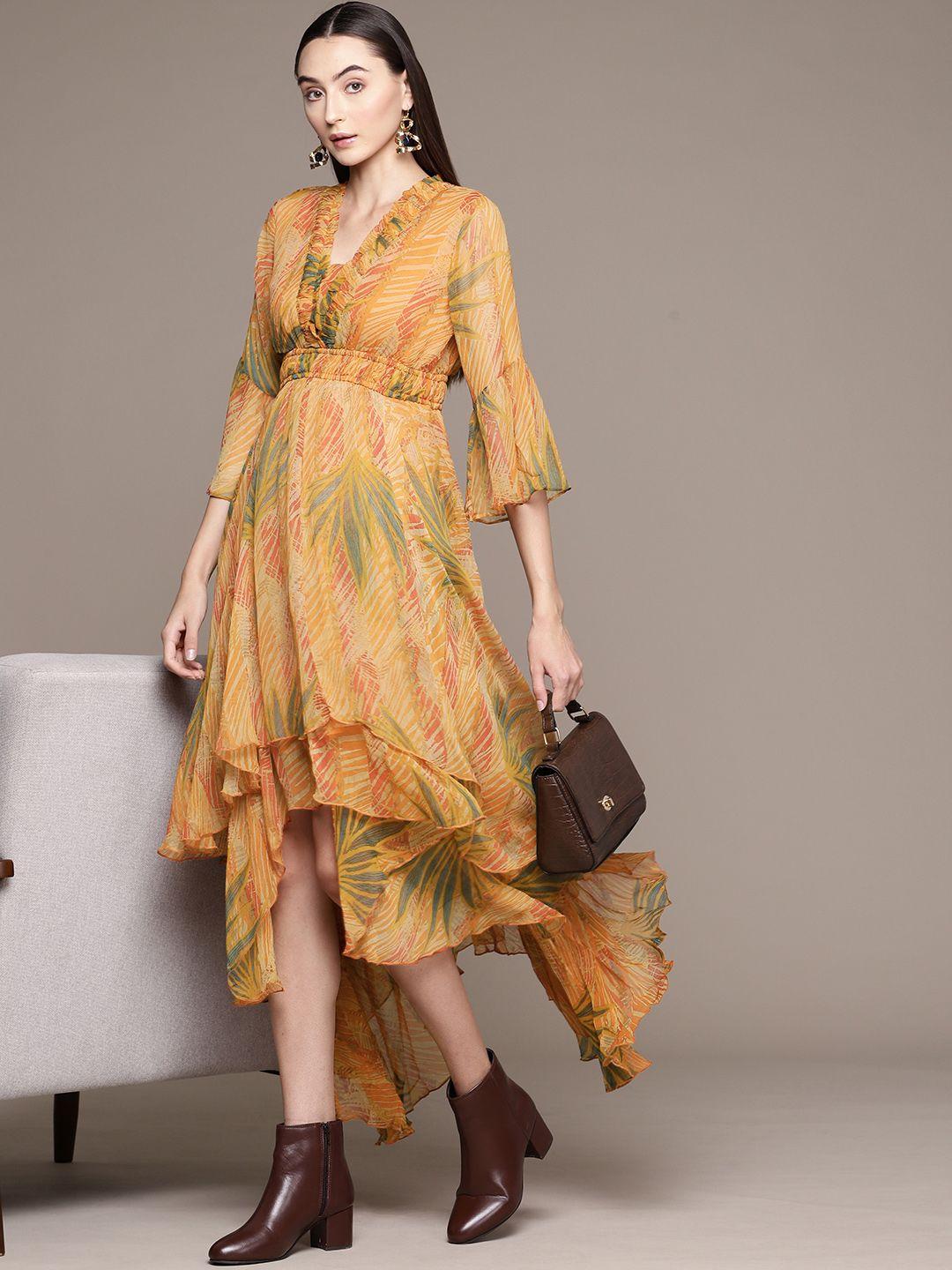 ritu kumar floral print bell sleeve ruffled chiffon a-line midi dress