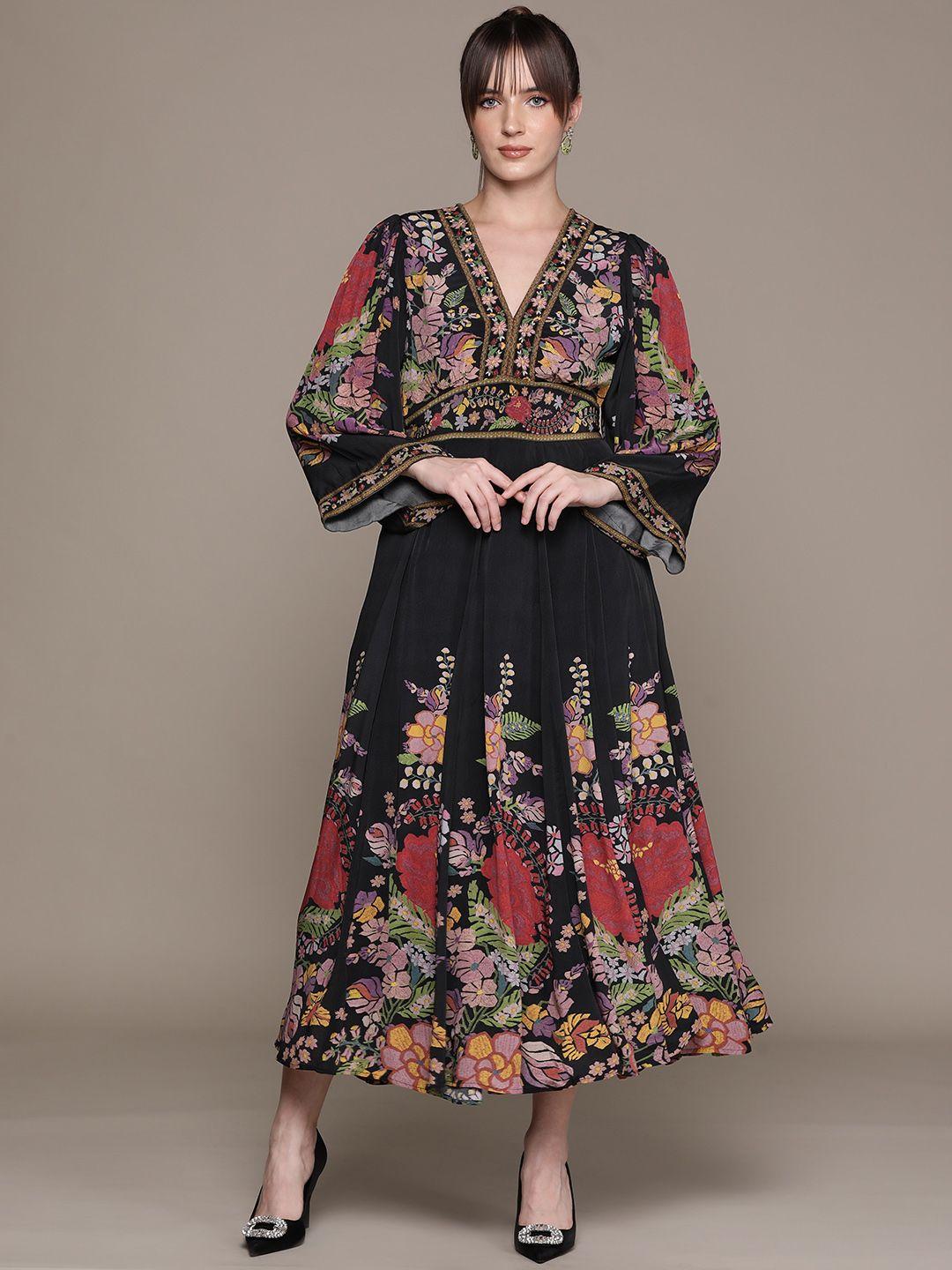 ritu kumar floral print flared sleeves crepe a-line maxi dress