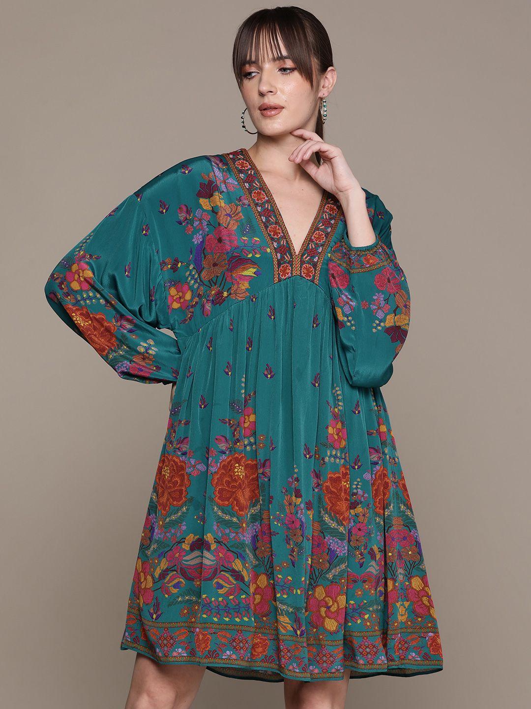 ritu kumar floral print puff sleeve crepe a-line dress