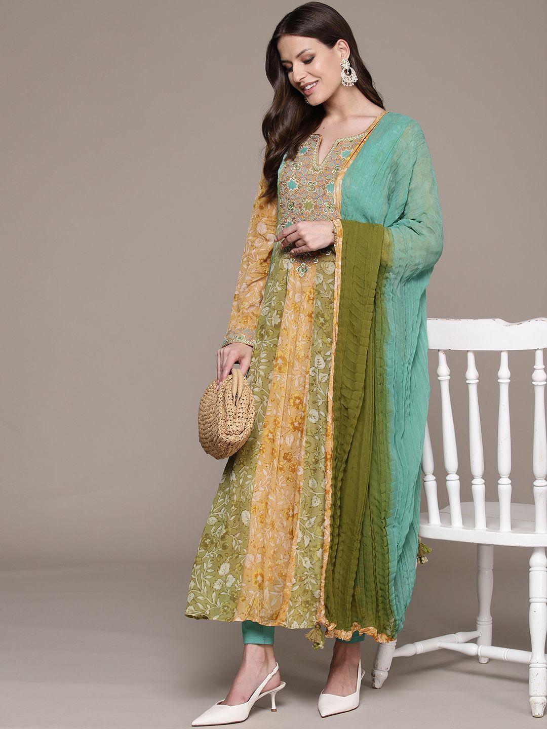 ritu kumar floral printed pleated beads & stones kurta with dupatta