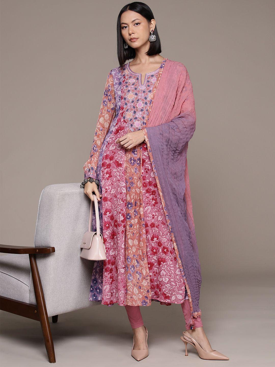 ritu kumar floral printed pleated beads & stones kurta with leggings & dupatta