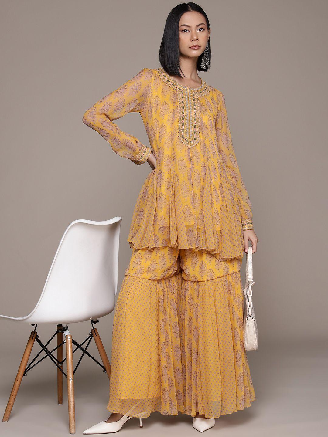 ritu kumar floral printed pleated sequinned kurti with sharara