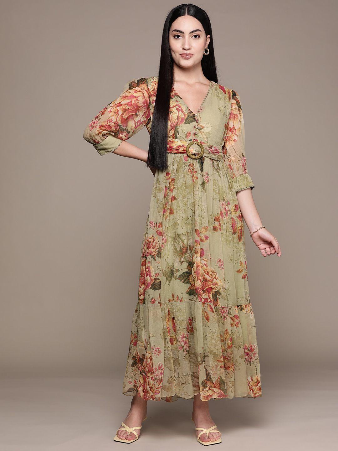 ritu kumar green floral print long dress