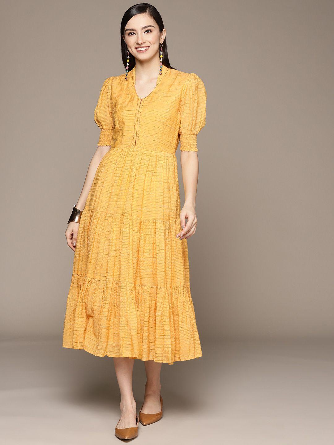 ritu kumar mustard yellow woven design tiered a-line maxi dress