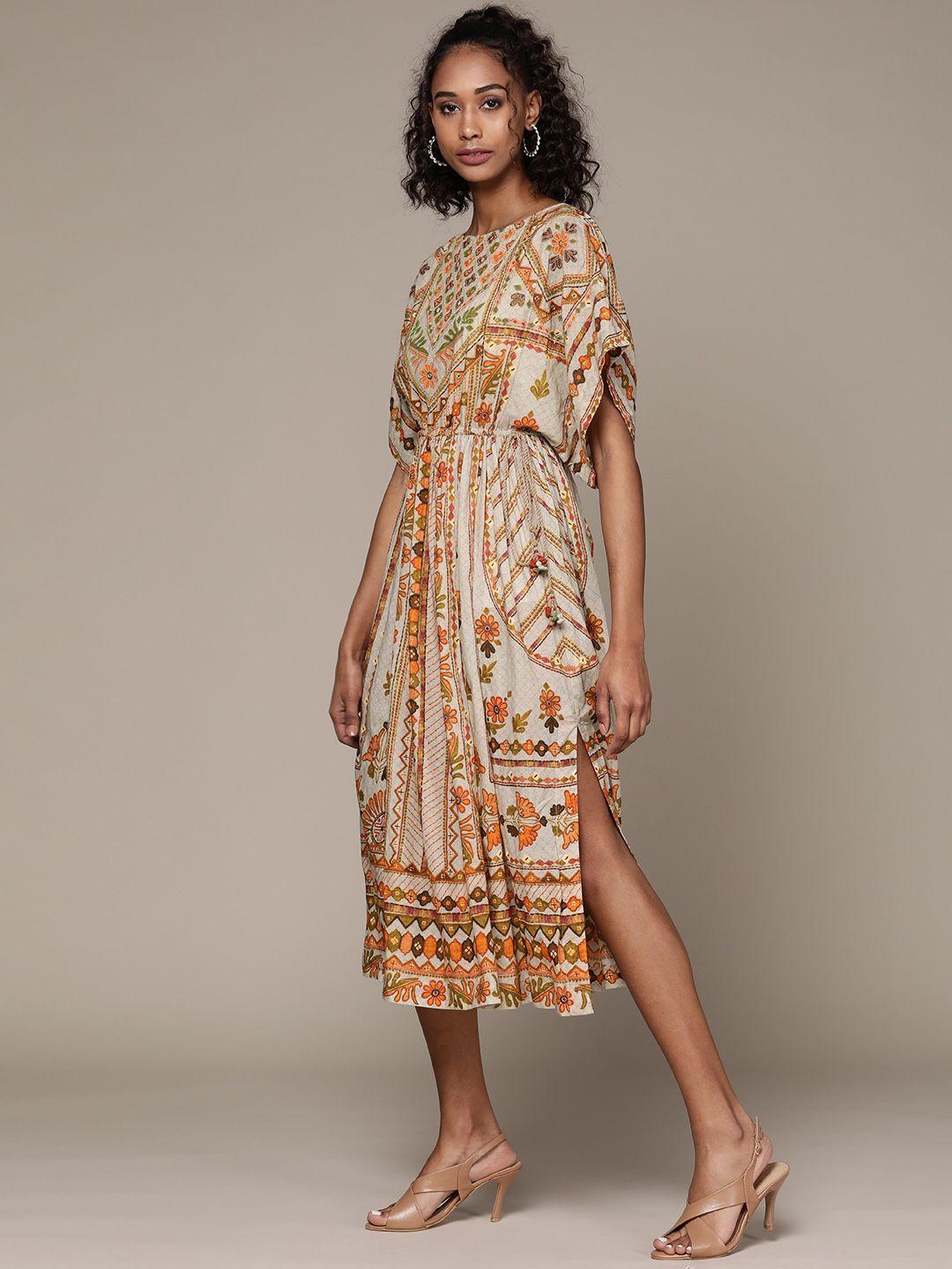 ritu kumar off white & green ethnic motifs print & embroidered boat neck kaftan midi dress