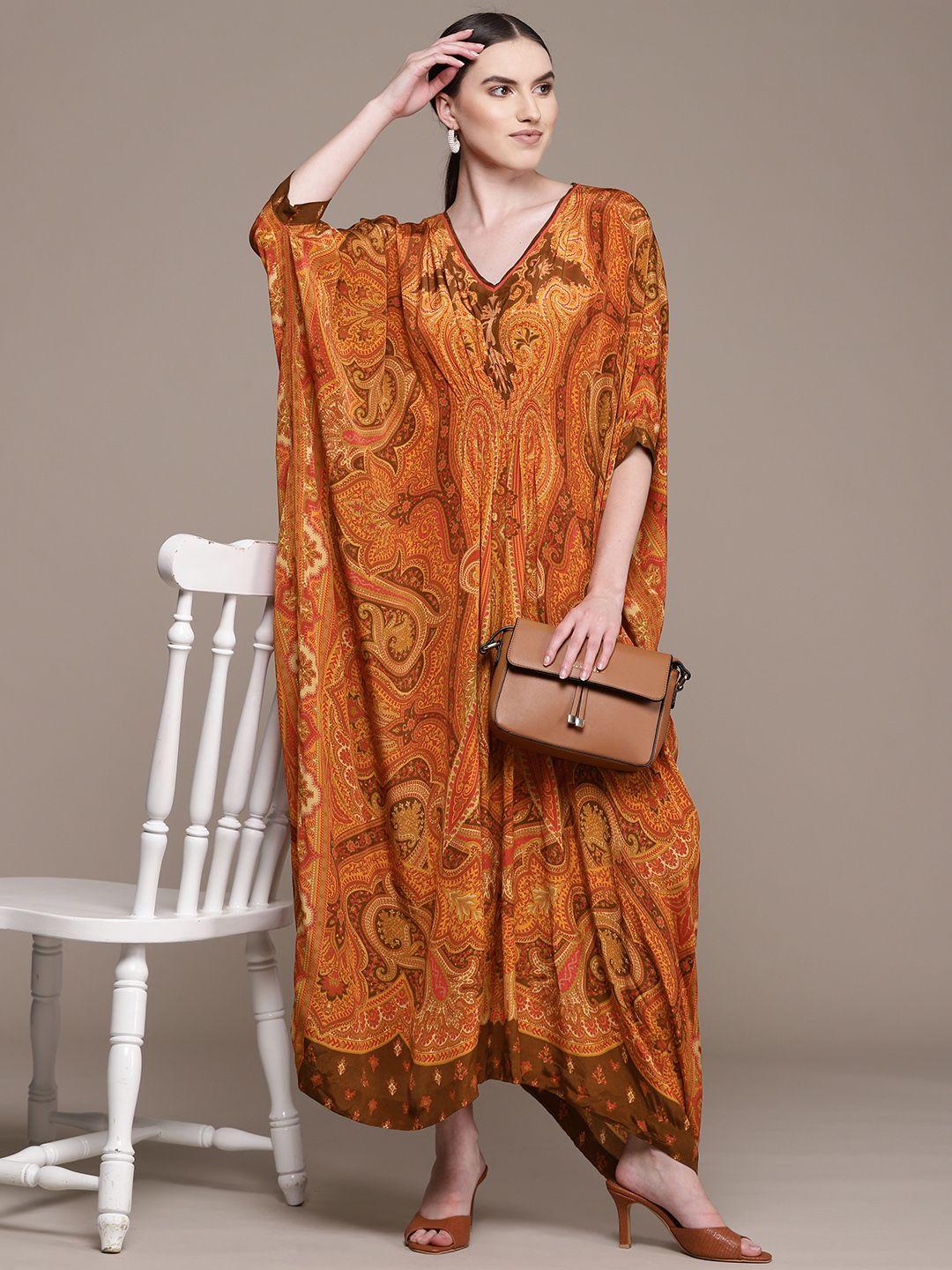 ritu kumar orange & brown crepe ethnic motifs print batwing sleeve kaftan maxi dress