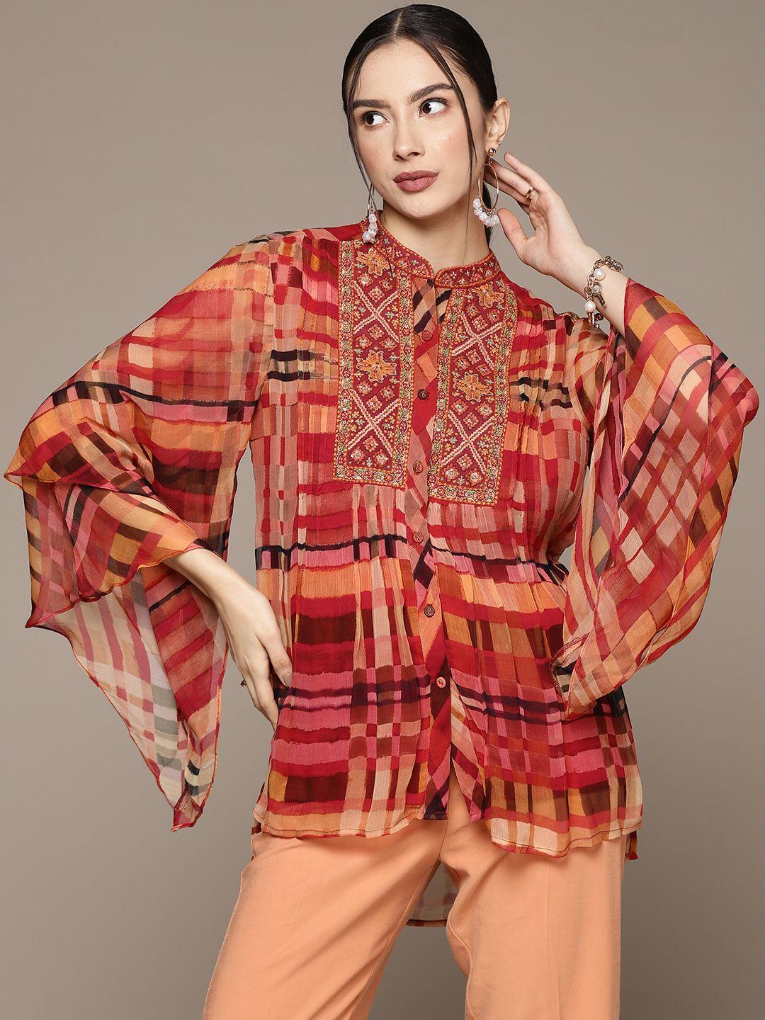 ritu kumar orange & maroon viscose rayon mandarin collar checked embellished tunic
