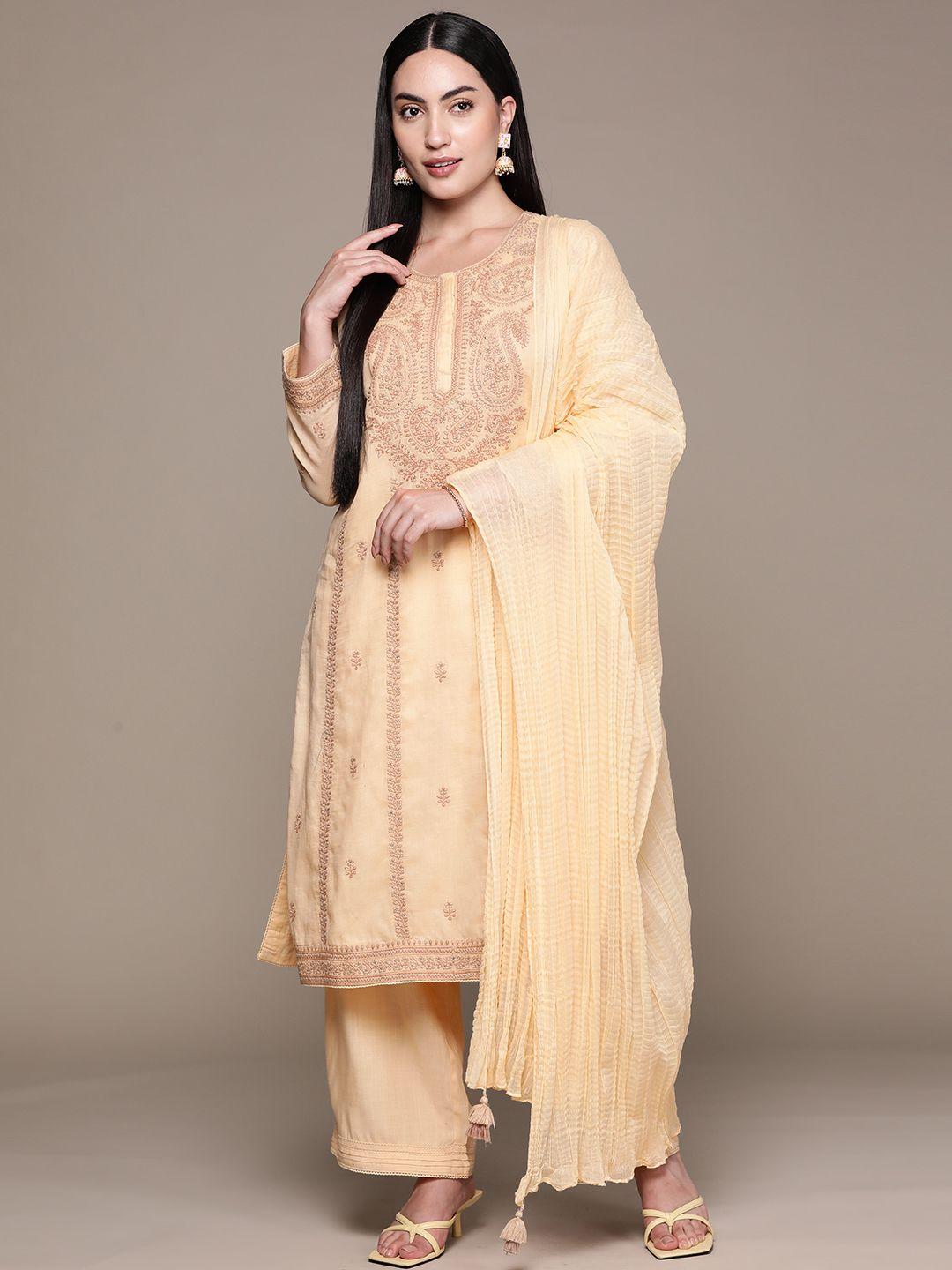 ritu kumar paisley embroidered beads & stones pure cotton kurta with palazzos & dupatta