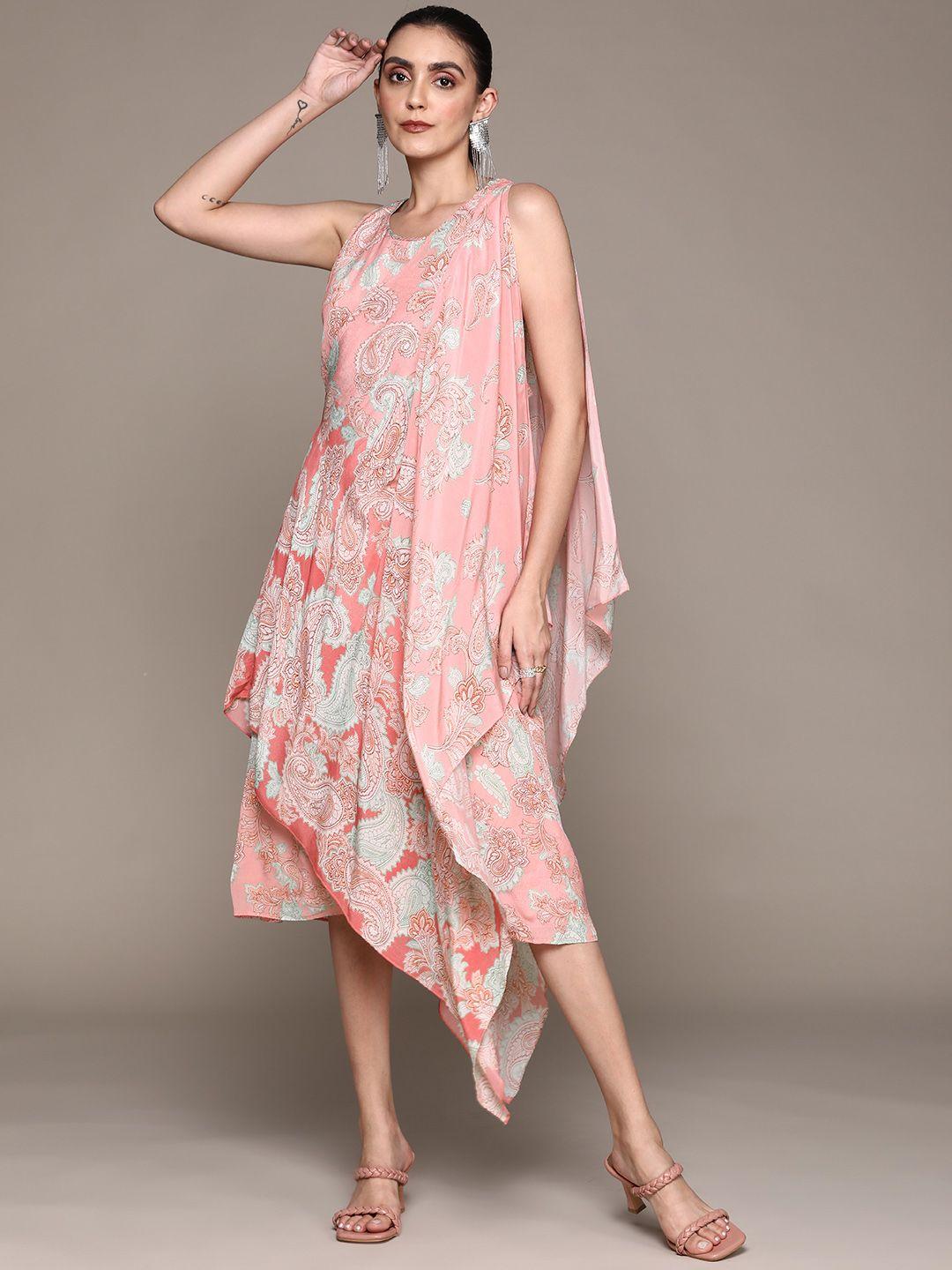 ritu kumar pink ethnic motifs crepe a-line midi dress