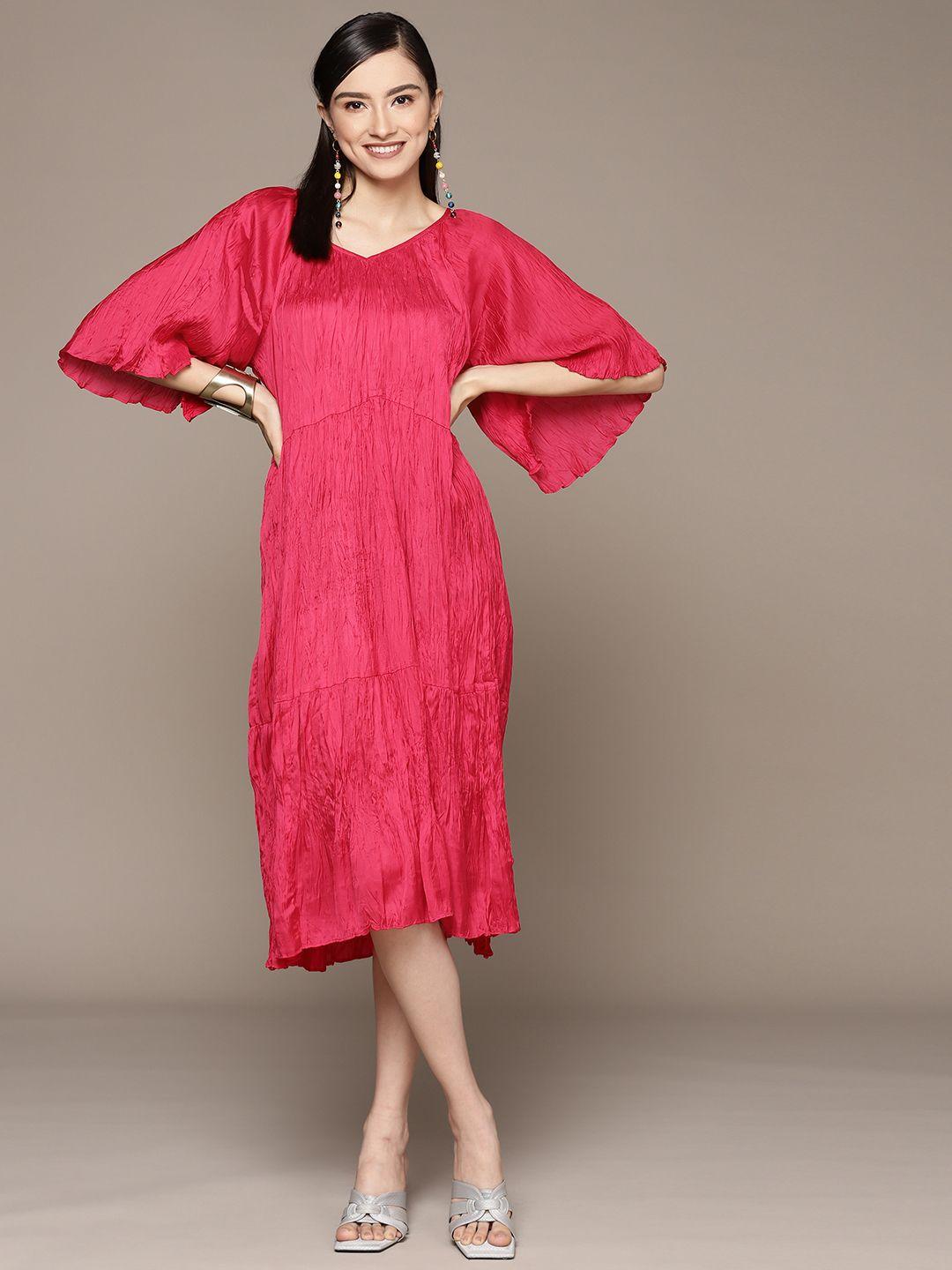 ritu kumar pink solid tiered crinkled a-line midi dress