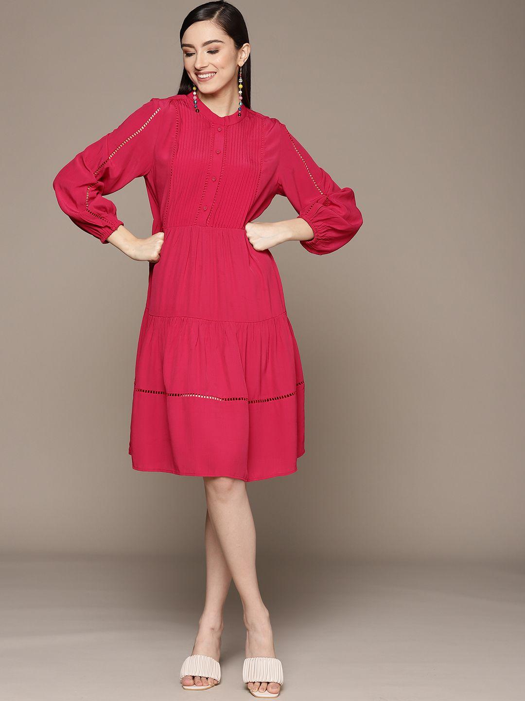 ritu kumar pink solid tiered lace inserts a-line dress
