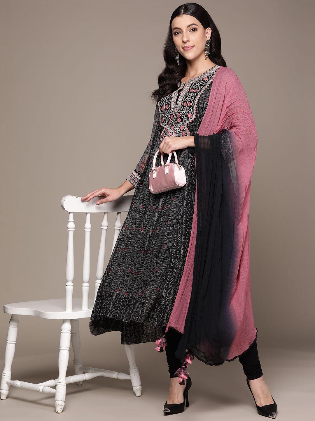 ritu kumar printed regular beads & stones kurta with leggings & dupatta