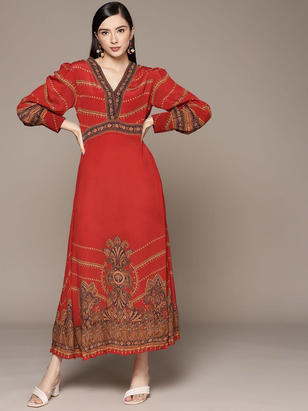 ritu kumar red & beige ethnic motifs printed  a-line maxi dress