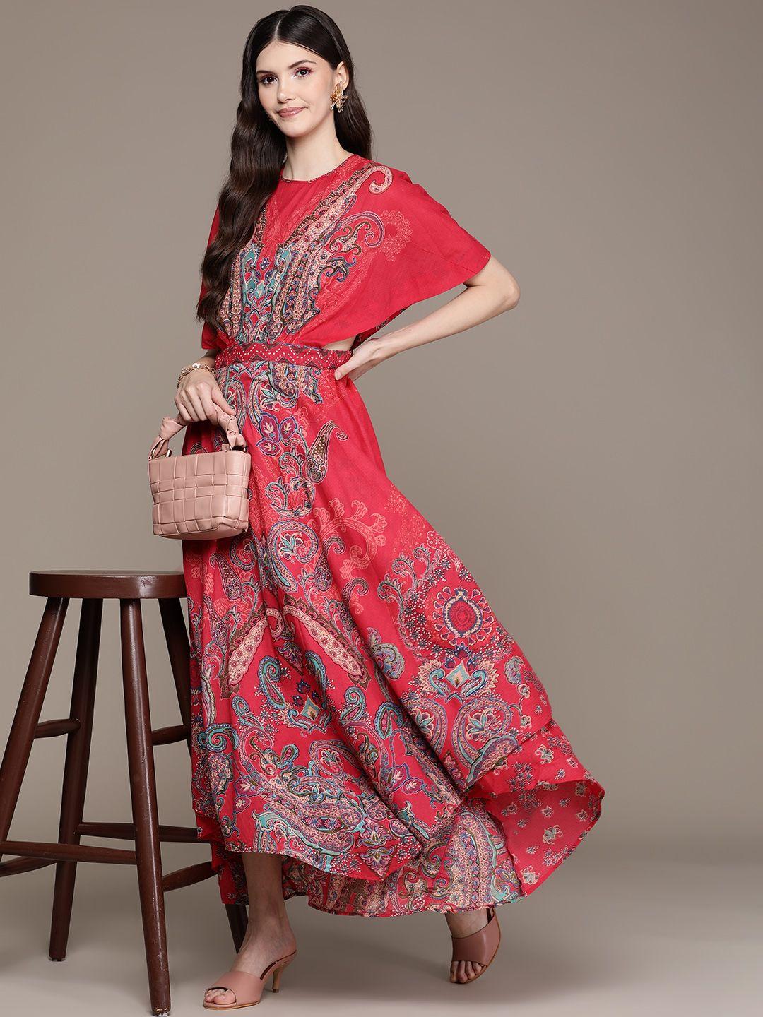 ritu kumar red ethnic motifs kaftan maxi dress