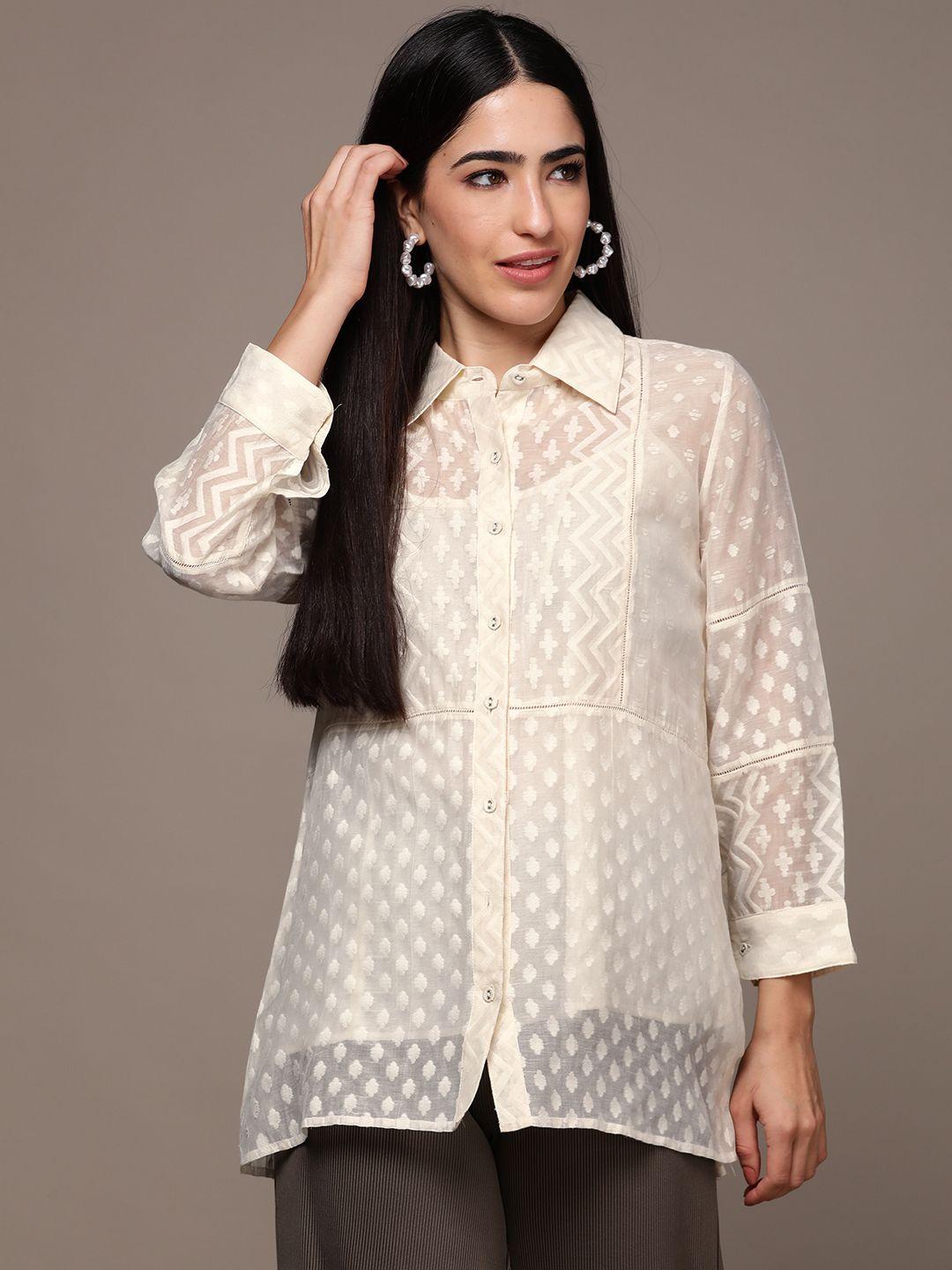 ritu kumar relaxed chevron semi sheer casual shirt with inner