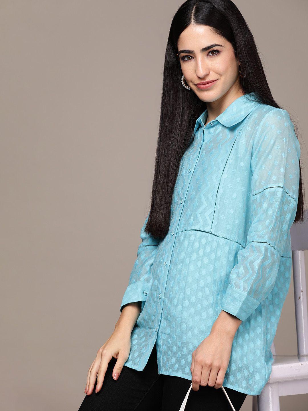 ritu kumar relaxed chevron semi sheer casual shirt with inner