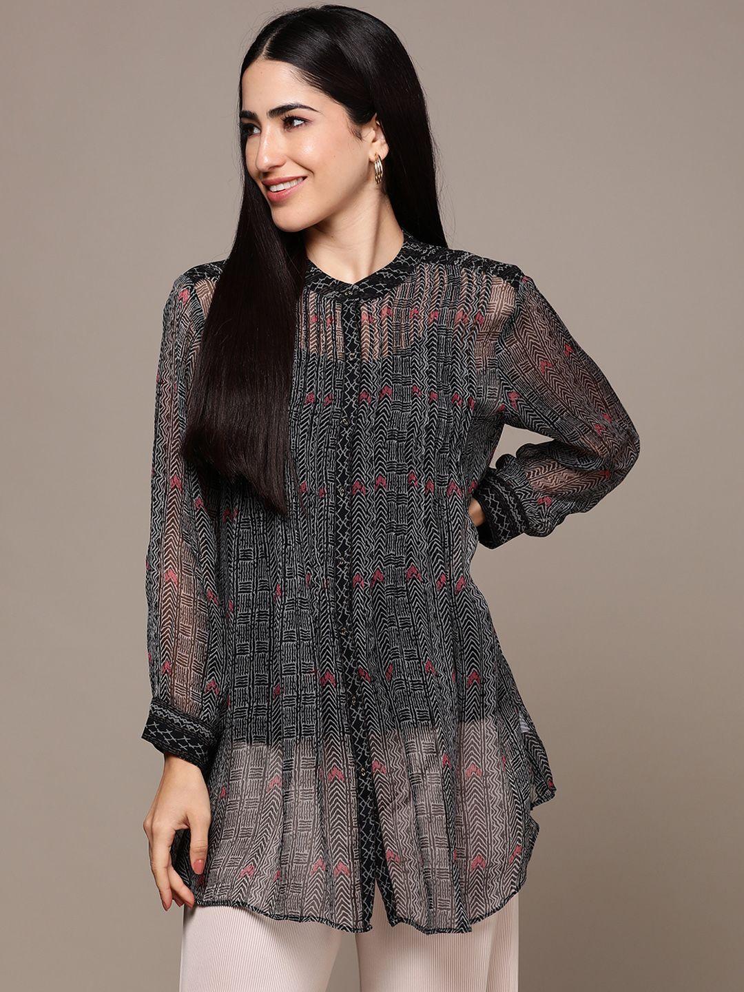 ritu kumar relaxed sheer printed casual shirt with inner