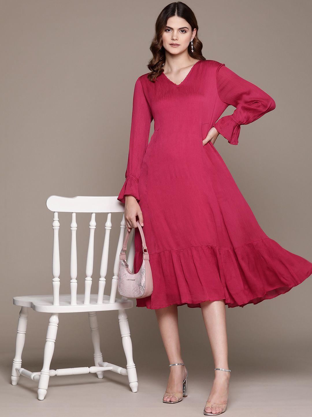 ritu kumar solid bell sleeve satin a-line midi dress