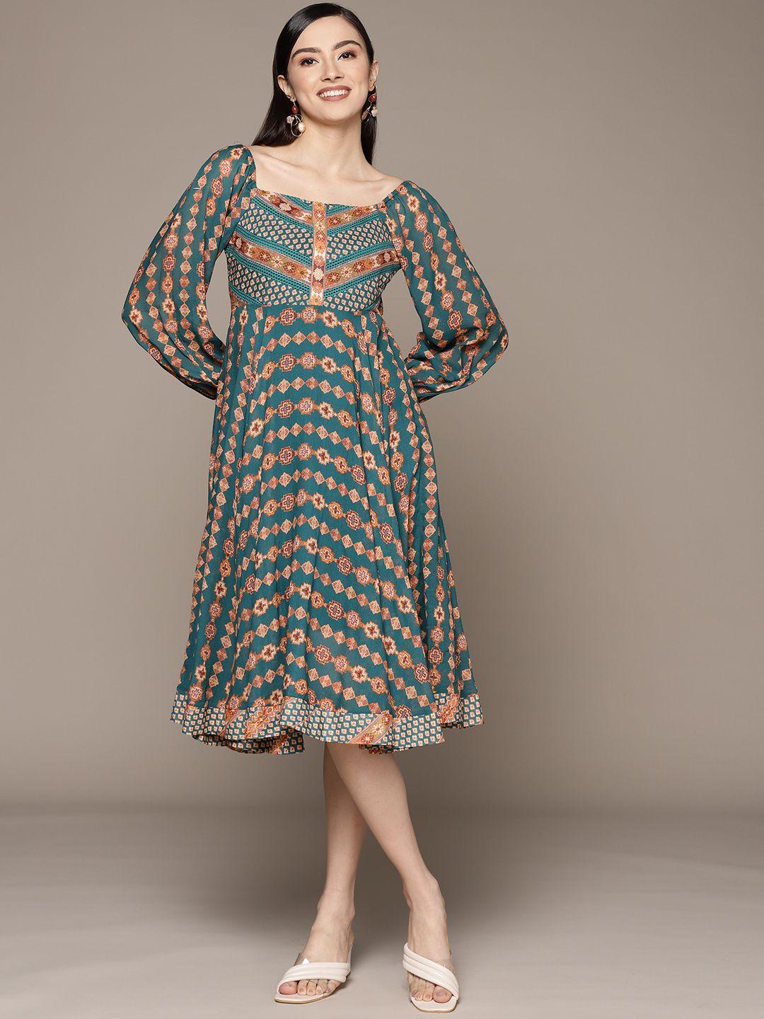 ritu kumar teal blue & beige ethnic motifs printed a-line midi dress