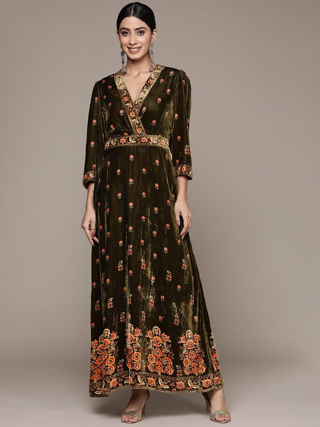 ritu kumar woman floral embroidered velvet a-line maxi dress