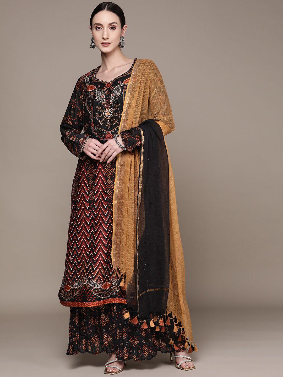 ritu kumar women black floral printed chanderi cotton kurta with sharara & with dupatta