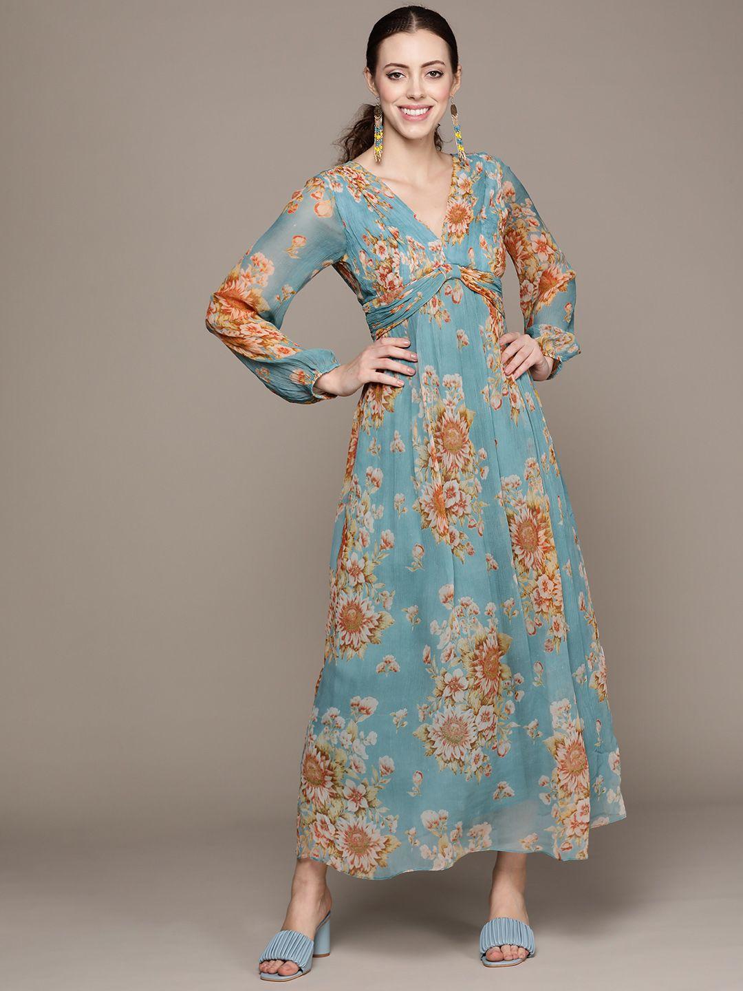 ritu kumar women blue & mustard brown floral chiffon maxi dress