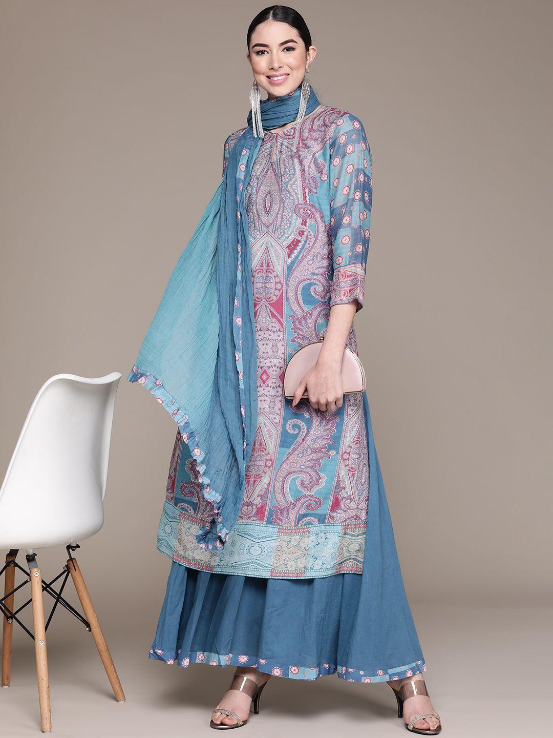 ritu kumar women blue ethnic motifs print mirror work kurta with sharara & dupatta