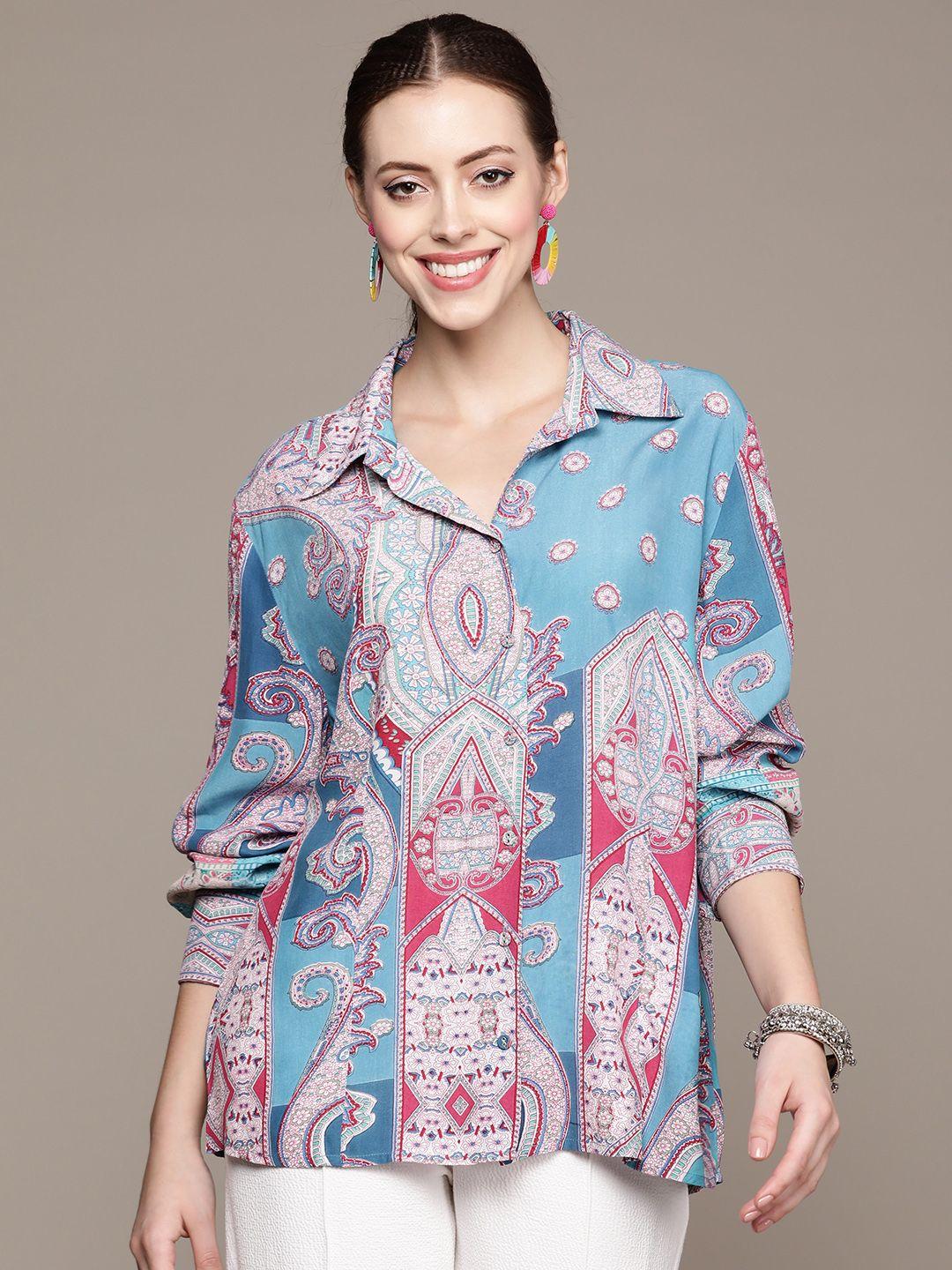 ritu kumar women blue ethnic motifs printed casual shirt