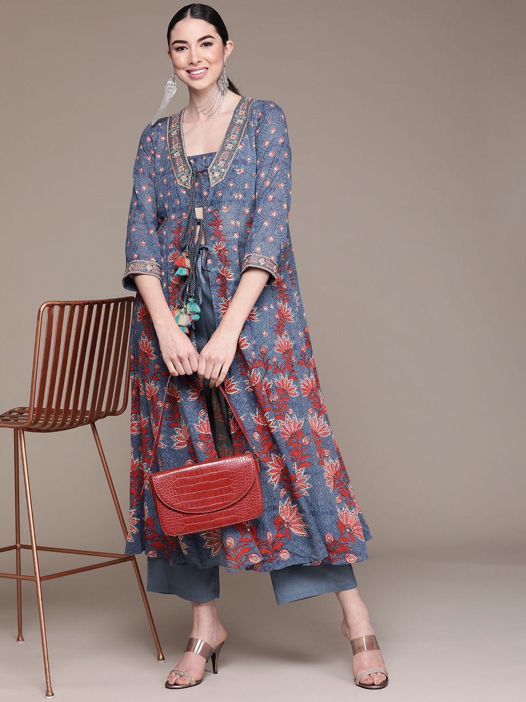 ritu kumar women blue floral printed kurta with shrug and palazzo & tube top