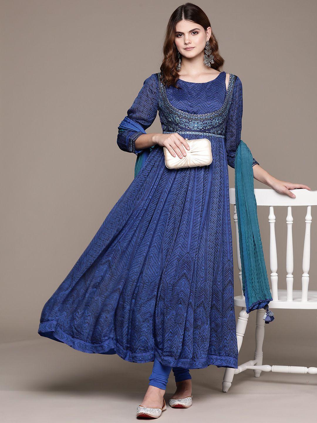 ritu kumar women embroidered anarkali mirror work kurta with leggings & with dupatta