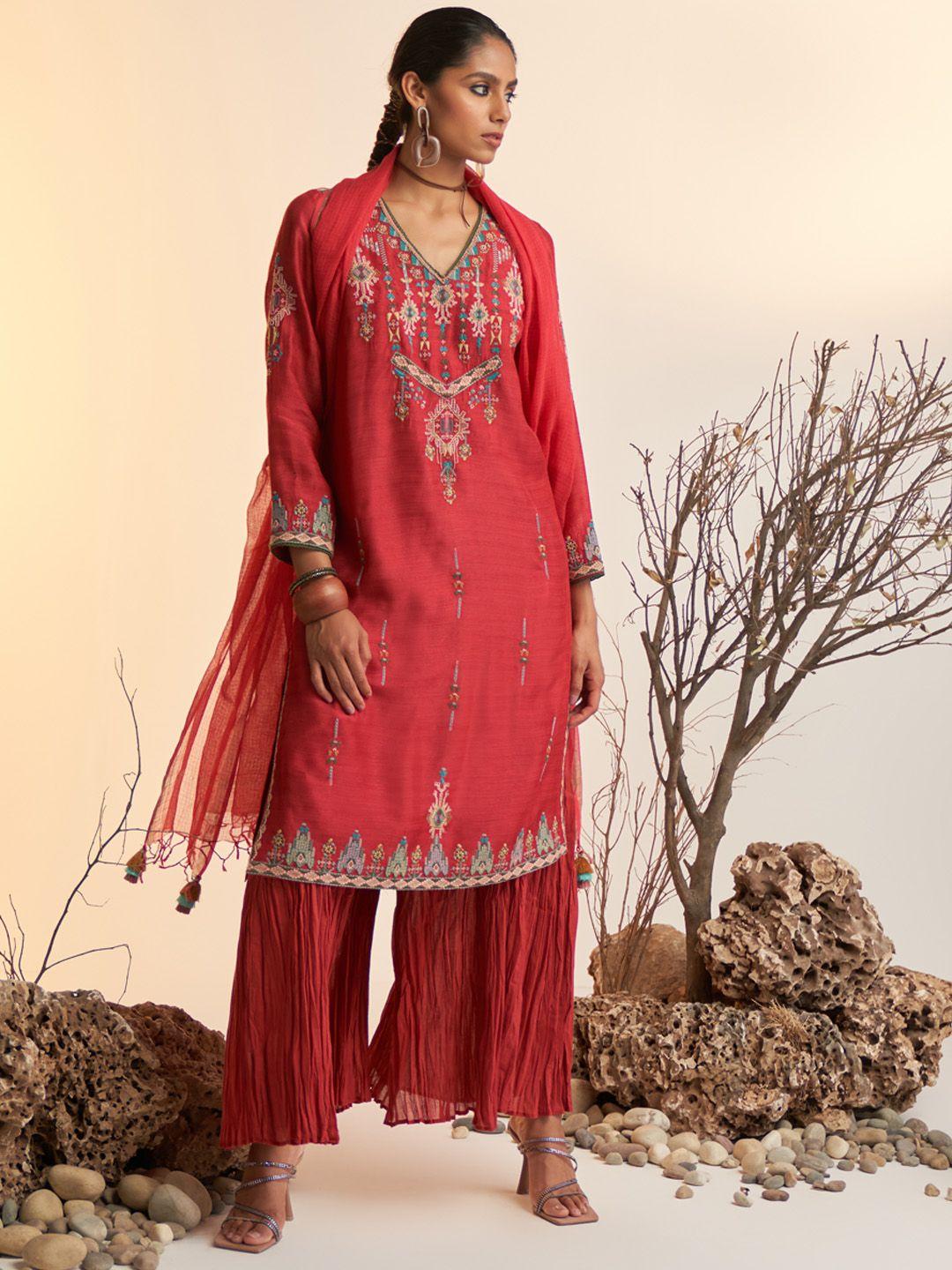 ritu kumar women floral embroidered thread work kurta with trousers & dupatta