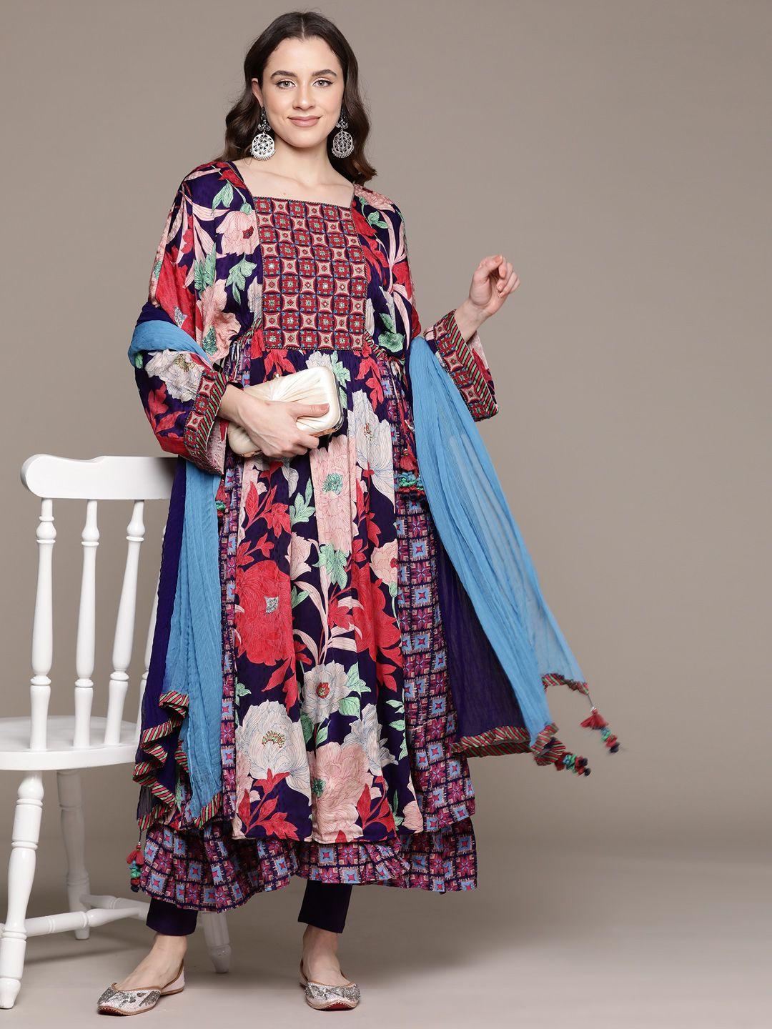 ritu kumar women floral printed regular mirror work kurta with leggings & with dupatta