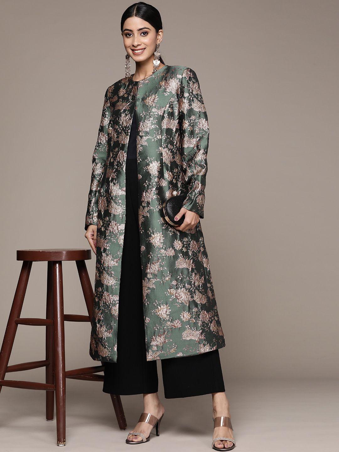 ritu kumar women green floral longline open front jacket