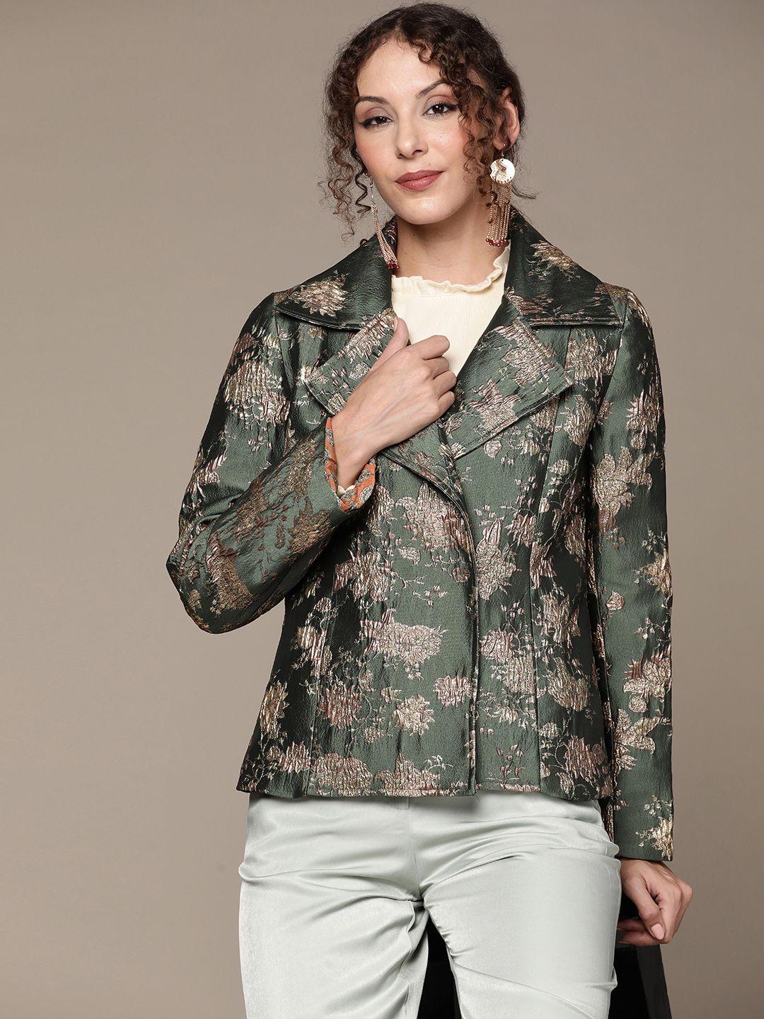 ritu kumar women green floral open front jacket