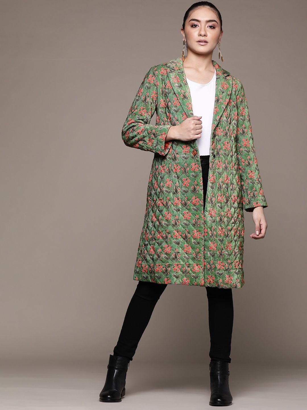 ritu kumar women green orange floral longline quilted jacket