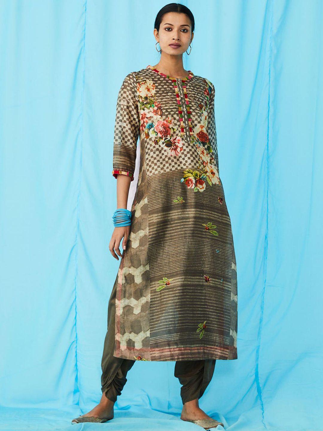 ritu kumar women grey & white floral printed kurta with dhoti pants