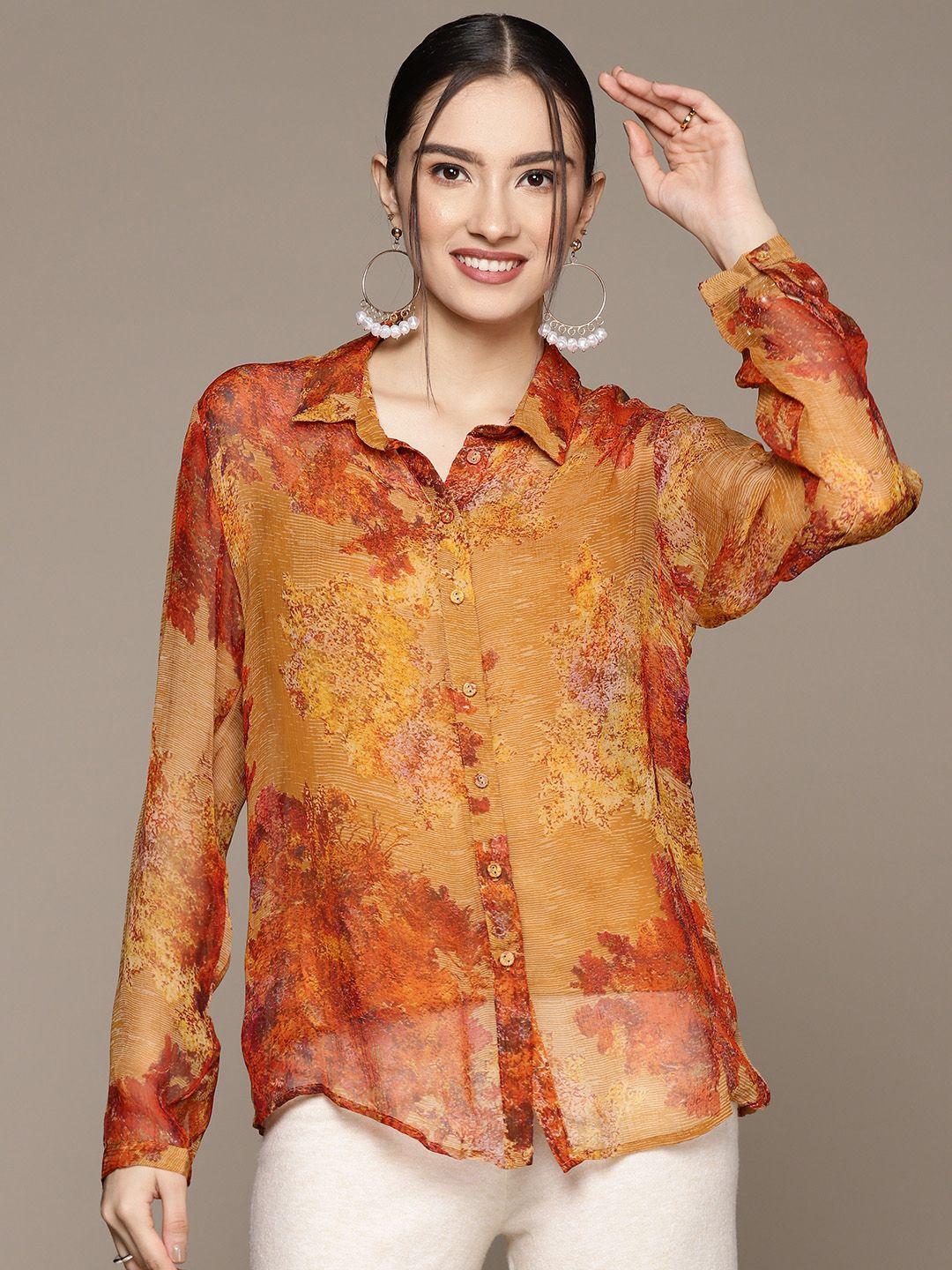 ritu kumar women mustard yellow & maroon slim fit floral printed sheer casual shirt