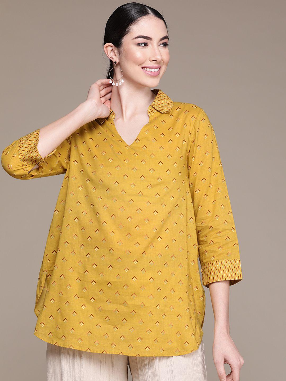 ritu kumar women mustard yellow geometric printed shirt collar kurti