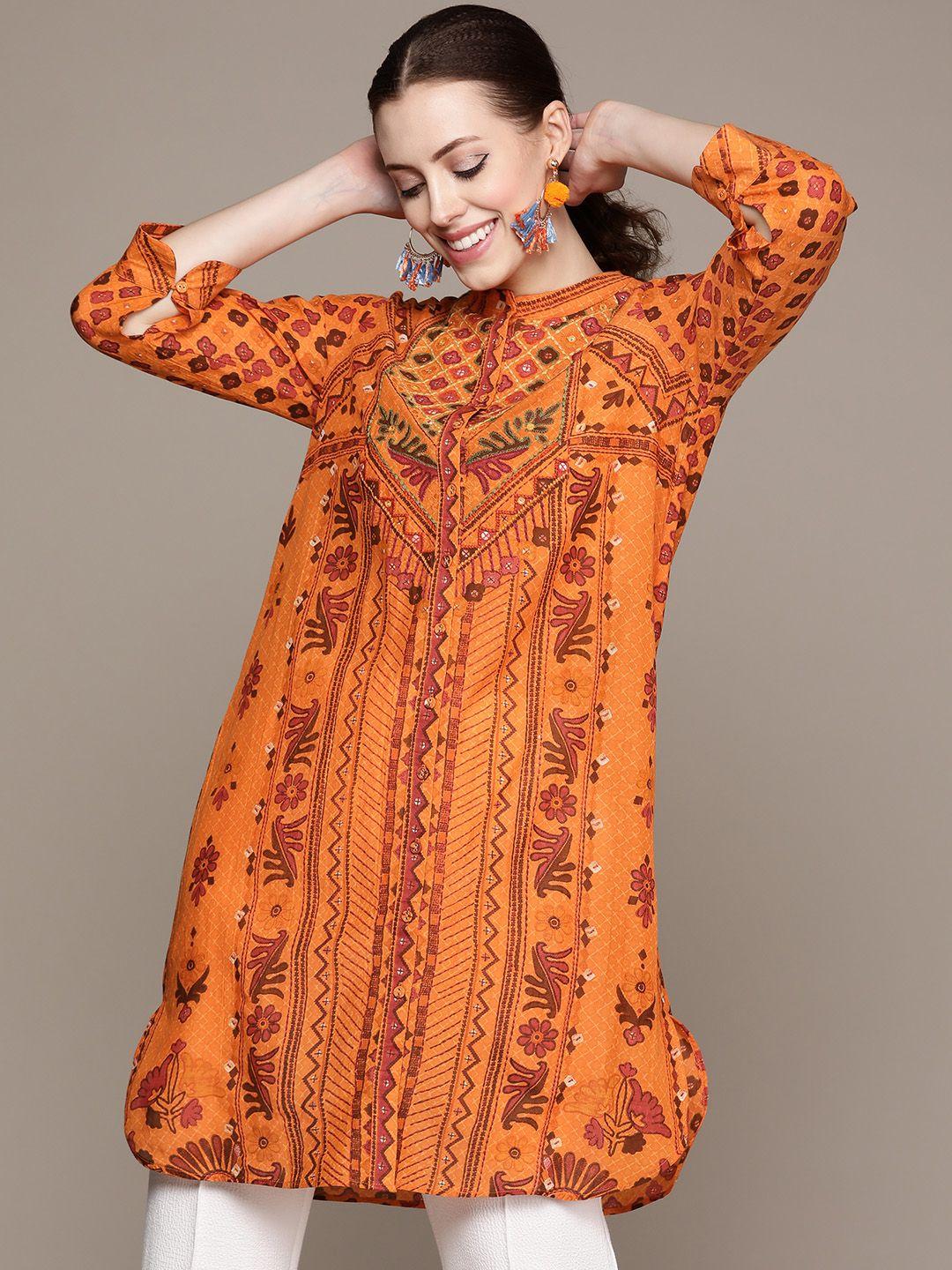 ritu kumar women orange & brown ethnic motifs printed thread work kurti