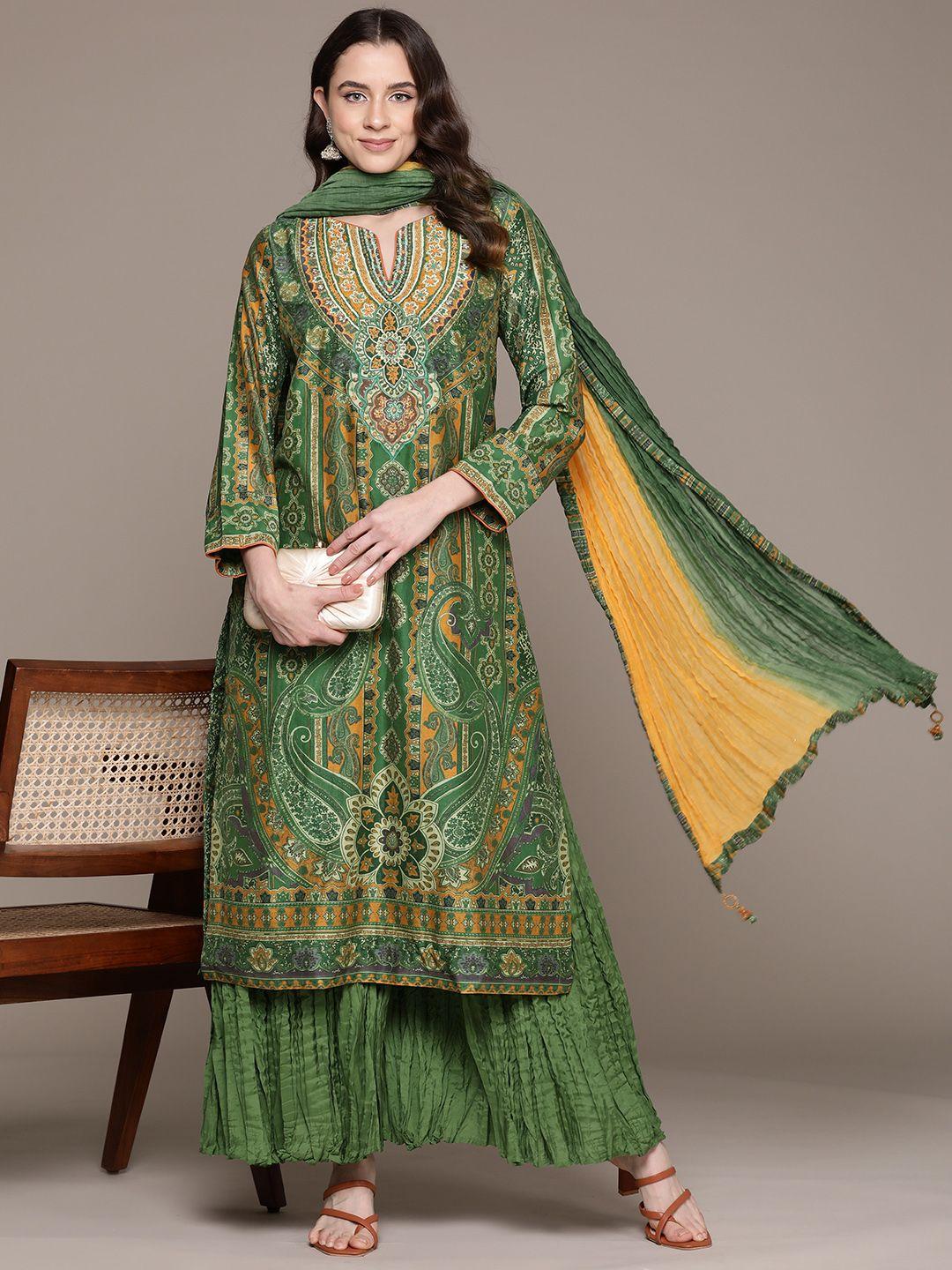 ritu kumar women paisley printed thread work kurta with sharara & with dupatta