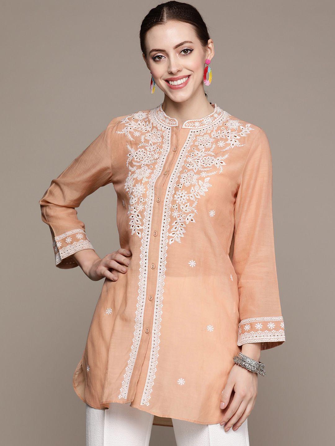 ritu kumar women peach-coloured & white ethnic motifs embroidered kurti