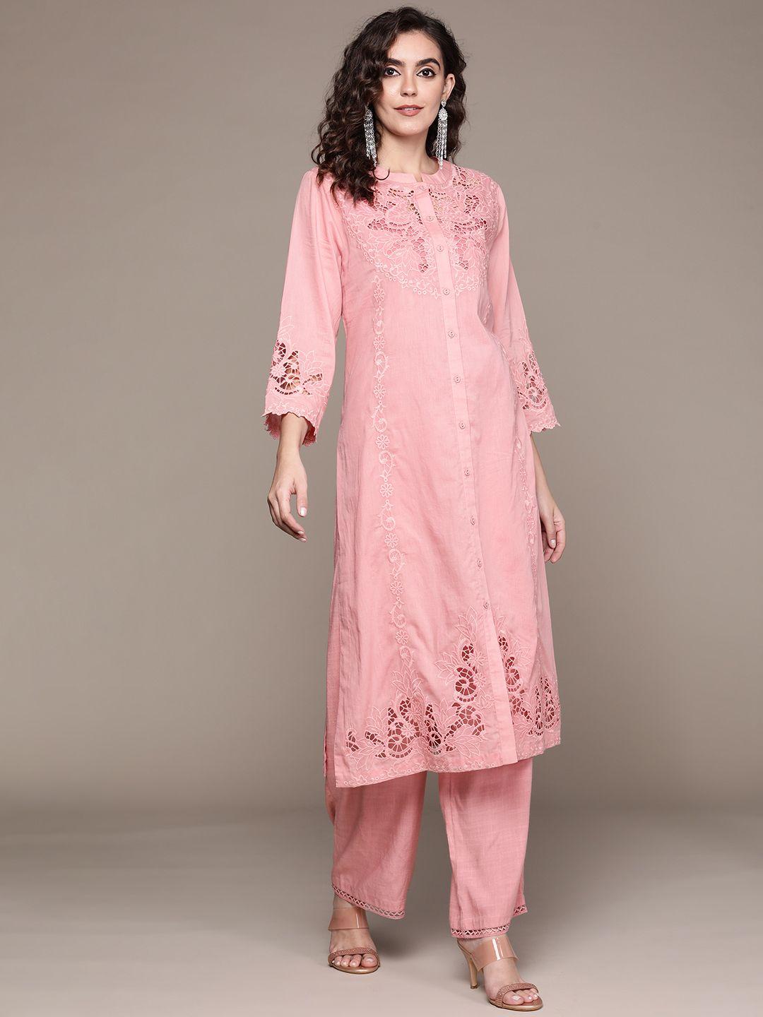 ritu kumar women pink pure cotton floral embroidered kurta with palazzos